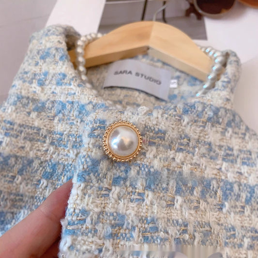 Pearl Button Sky Blue Tweed Jacket