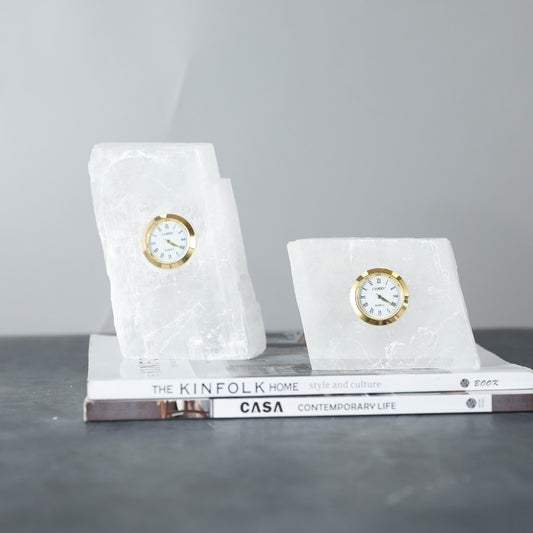 Natural Stone Desk Clock, Minimalist Table Clock for Home Office, Selenite Style Stone Decor, Unique Zen Gift for Coworker, Modern Shelf Decor