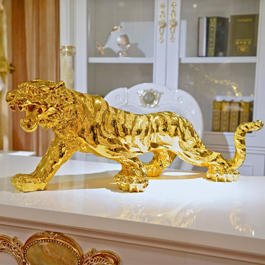 Luxury Gold Tiger Statue, Large Leopard Figurine, Modern Wild Animal Sculpture, Glamorous Home Decor Accessory, Gold Animal Art for Office, Housewarming Gift