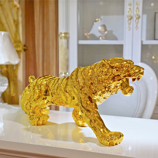 Luxury Gold Tiger Statue, Large Leopard Figurine, Modern Wild Animal Sculpture, Glamorous Home Decor Accessory, Gold Animal Art for Office, Housewarming Gift