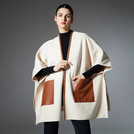 Autumn And Winter Creamy-white Leather Pocket Cross Shawl