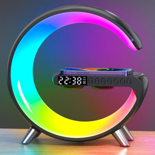 Intelligent G-Shaped RGB Atmosphere Lamp | 15W Fast Wireless Charger, Bluetooth Speaker & Sunrise Alarm Clock | Modern Bedroom Decor & Tech Gift