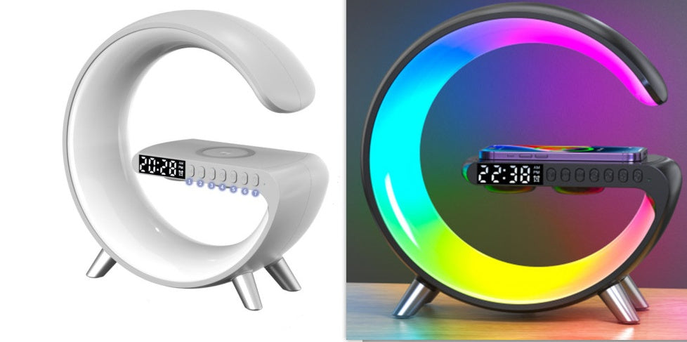 Intelligent G-Shaped RGB Atmosphere Lamp | 15W Fast Wireless Charger, Bluetooth Speaker & Sunrise Alarm Clock | Modern Bedroom Decor & Tech Gift