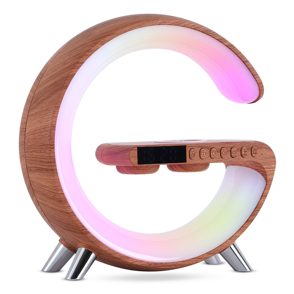 Intelligent G-Shaped RGB Atmosphere Lamp | 15W Fast Wireless Charger, Bluetooth Speaker & Sunrise Alarm Clock | Modern Bedroom Decor & Tech Gift