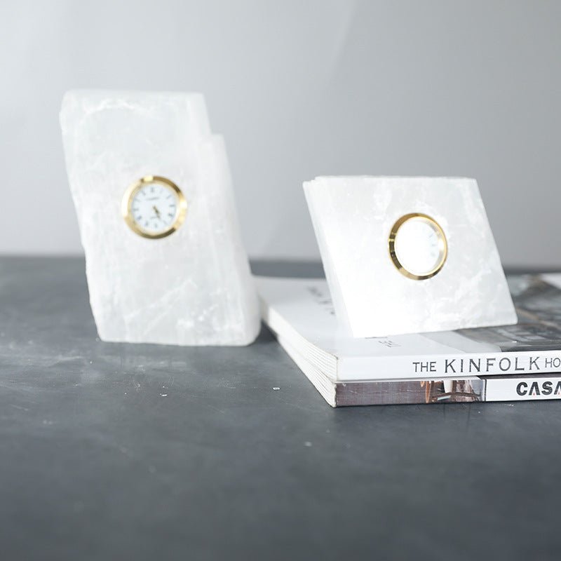Natural Stone Desk Clock, Minimalist Table Clock for Home Office, Selenite Style Stone Decor, Unique Zen Gift for Coworker, Modern Shelf Decor
