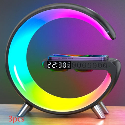Intelligent G-Shaped RGB Atmosphere Lamp | 15W Fast Wireless Charger, Bluetooth Speaker & Sunrise Alarm Clock | Modern Bedroom Decor & Tech Gift