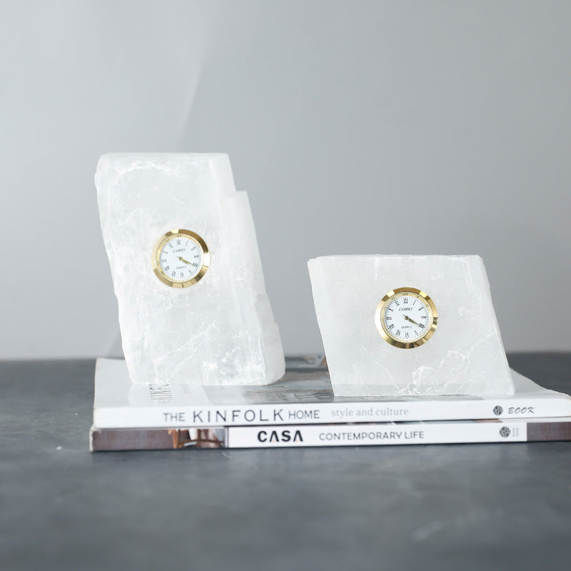 Natural Stone Desk Clock, Minimalist Table Clock for Home Office, Selenite Style Stone Decor, Unique Zen Gift for Coworker, Modern Shelf Decor