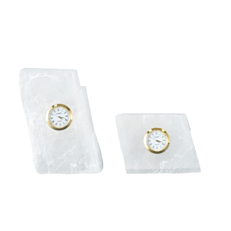 Natural Stone Desk Clock, Minimalist Table Clock for Home Office, Selenite Style Stone Decor, Unique Zen Gift for Coworker, Modern Shelf Decor