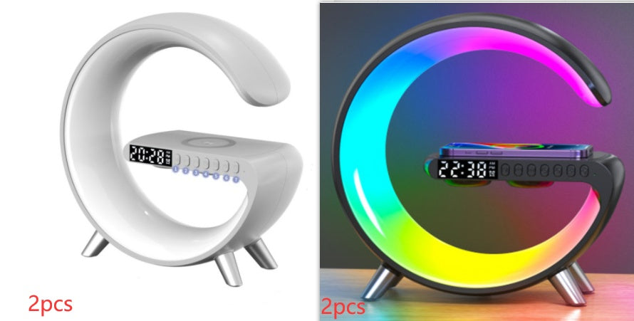 Intelligent G-Shaped RGB Atmosphere Lamp | 15W Fast Wireless Charger, Bluetooth Speaker & Sunrise Alarm Clock | Modern Bedroom Decor & Tech Gift